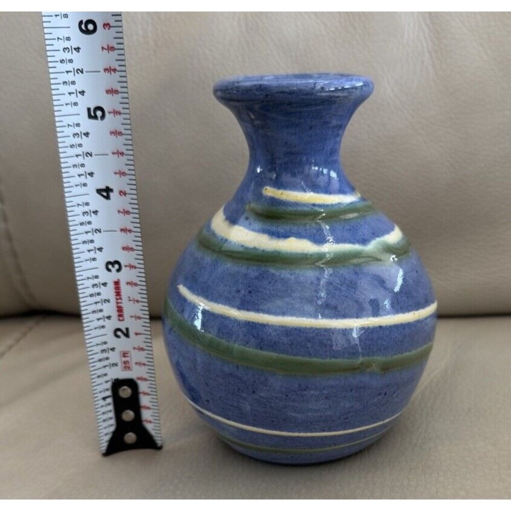 Vtg Earthworks Barbados Studio Art Pottery Bud Vase Blue Green Swirl 5.5in EUC